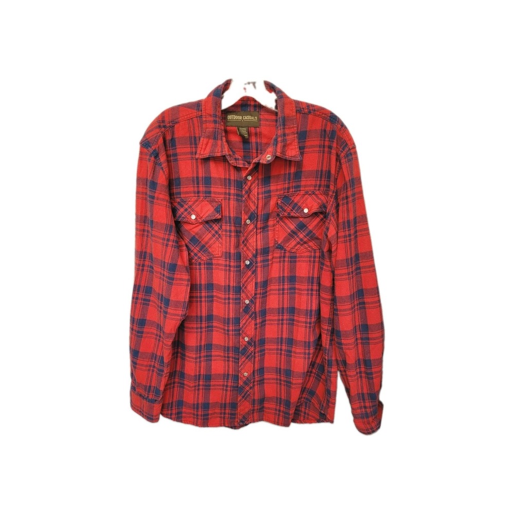 Outdoor Men's L Red Plaid Pearl Snap Flannel Shirt Long Sleeve Cabincore